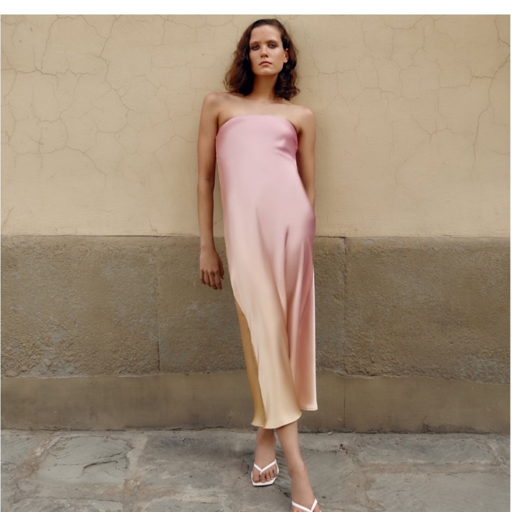 Zara strapless satin Pink Ombré midi dress